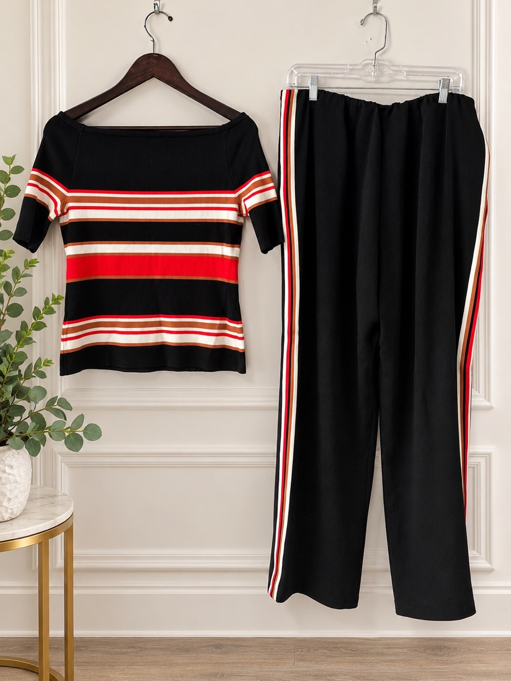 Soft Surroundings Black Striped Knit Top & Wide-Leg Pants
